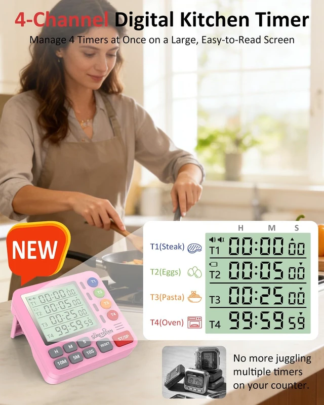 Alt view image 2 of 7 - Digital Kitchen Timer with 4 Channel, Loud Alarm and Silent Mode | Magnetic Cooking Timer with Count Up & Countdown for Kids and Seniors, Large Display to Read, Auto Memory, Battery Included