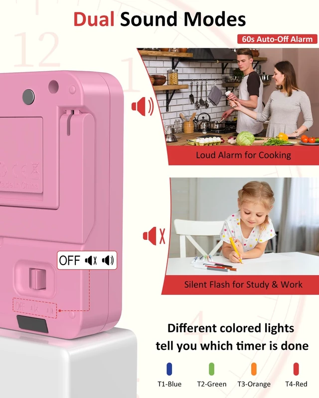 Alt view image 5 of 7 - Digital Kitchen Timer with 4 Channel, Loud Alarm and Silent Mode | Magnetic Cooking Timer with Count Up & Countdown for Kids and Seniors, Large Display to Read, Auto Memory, Battery Included