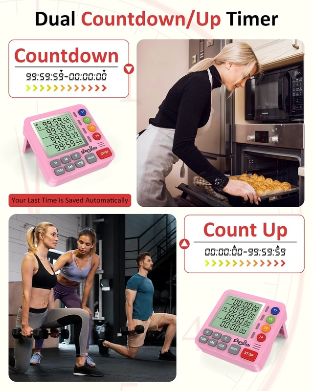 Alt view image 6 of 7 - Digital Kitchen Timer with 4 Channel, Loud Alarm and Silent Mode | Magnetic Cooking Timer with Count Up & Countdown for Kids and Seniors, Large Display to Read, Auto Memory, Battery Included
