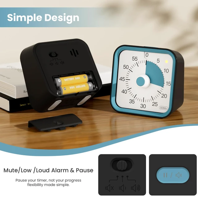Alt view image 4 of 6 - Visual Timer for Kids, Countdown Timer with Pause Function, Black | Timer for Kitchen Cooking, Classroom, Study, Toddler, ADHD, Cute Timer Clock, Alarm 3 Volume Levels, Light Indicator
