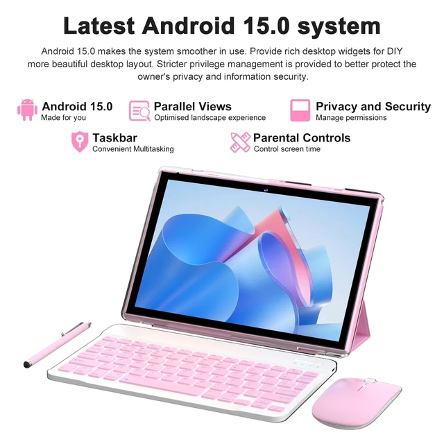 Alt view image 3 of 7 - Android 15 | Tabalet with Keyboard | Tablet 10 inch | 2 in 1 Tablet | 8GB+32GB+2TB Expand | 1280 * 800 IPS Touch Screen Computer | 5G WiFi 6, L1 | Long Battery Life Tablet Pink