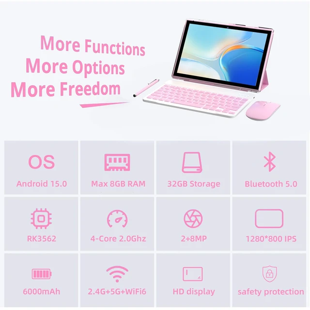 Alt view image 2 of 7 - Android 15 | Tabalet with Keyboard | Tablet 10 inch | 2 in 1 Tablet | 8GB+32GB+2TB Expand | 1280 * 800 IPS Touch Screen Computer | 5G WiFi 6, L1 | Long Battery Life Tablet Pink