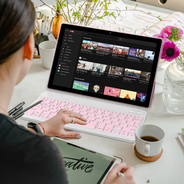 Alt view image 7 of 7 - Android 15 | Tabalet with Keyboard | Tablet 10 inch | 2 in 1 Tablet | 8GB+32GB+2TB Expand | 1280 * 800 IPS Touch Screen Computer | 5G WiFi 6, L1 | Long Battery Life Tablet Pink