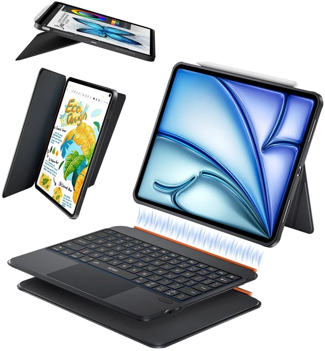 Main image of iPad Keyboard Case Air 11 M4/M3/M2 11/10th Gen Air 5/4 Pro 11" 4/3/2/1 | 3 in 1 Magnetic Detachable, Wireless Case Keyboard, Adjustable Stand, Shortcut Backlit Keys, Large Multiple Trackpad, Black