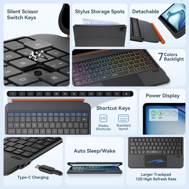Alt view image 4 of 7 - iPad Keyboard Case Air 11 M4/M3/M2 11/10th Gen Air 5/4 Pro 11" 4/3/2/1 | 3 in 1 Magnetic Detachable, Wireless Case Keyboard, Adjustable Stand, Shortcut Backlit Keys, Large Multiple Trackpad, Black