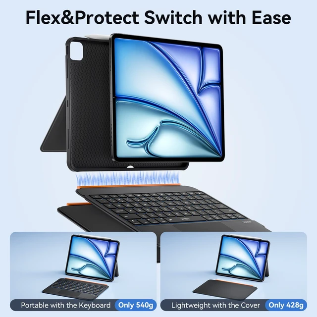 Alt view image 6 of 7 - iPad Keyboard Case Air 11 M4/M3/M2 11/10th Gen Air 5/4 Pro 11" 4/3/2/1 | 3 in 1 Magnetic Detachable, Wireless Case Keyboard, Adjustable Stand, Shortcut Backlit Keys, Large Multiple Trackpad, Black