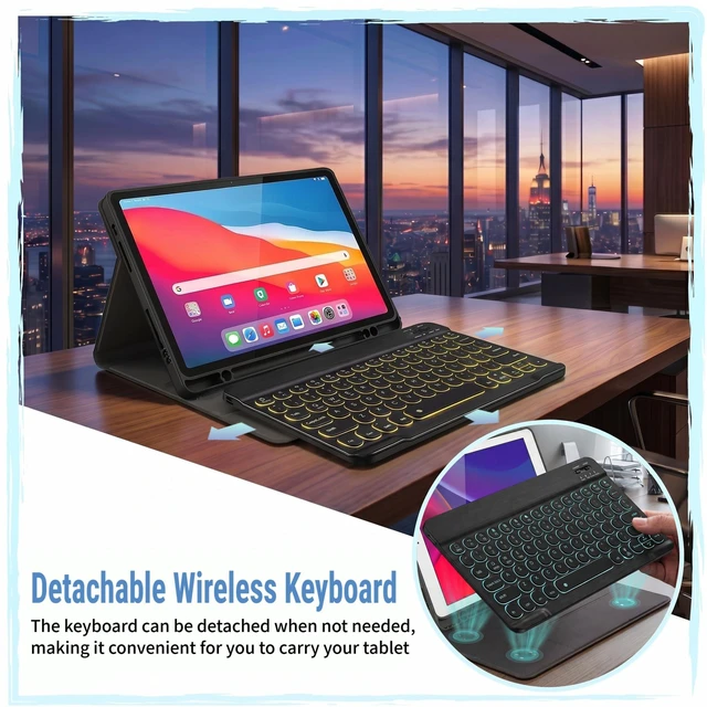 Alt view image 3 of 7 - Wineecy Backlit Keyboard Case for Samsung Galaxy Tab A11 Plus/A9 Plus 11 | 7 Colors Backlit, Detachable Wireless Keyboard, PU Leather Folio Case with Screen Protector, Built in Pen Holder, Round Keys