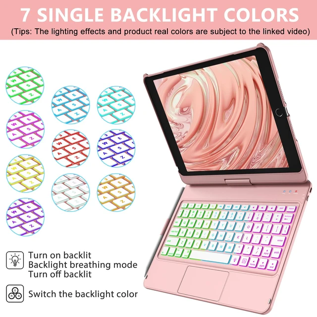 Alt view image 4 of 7 - Keyboard Case for iPad 7th/8th/9th Generation 10.2" | 360° Rotatable, Colorful Backlit, Bluetooth Keyboard, Pencil Holder, Slim Cover, Rose Gold, for 2019-2021 Models