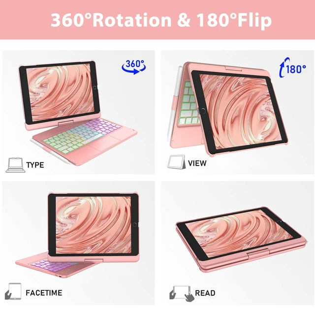 Alt view image 6 of 7 - Keyboard Case for iPad 7th/8th/9th Generation 10.2" | 360° Rotatable, Colorful Backlit, Bluetooth Keyboard, Pencil Holder, Slim Cover, Rose Gold, for 2019-2021 Models
