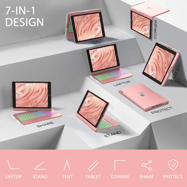 Alt view image 7 of 7 - Keyboard Case for iPad 7th/8th/9th Generation 10.2" | 360° Rotatable, Colorful Backlit, Bluetooth Keyboard, Pencil Holder, Slim Cover, Rose Gold, for 2019-2021 Models