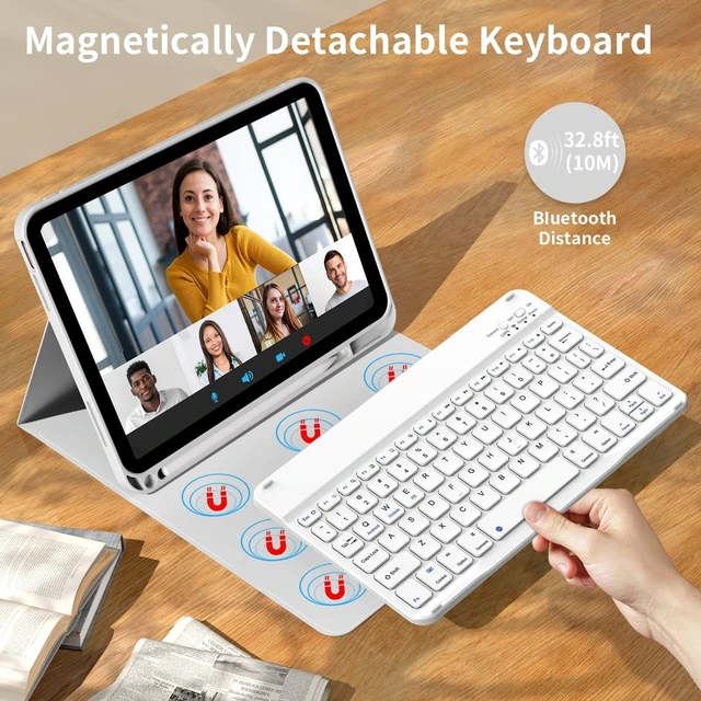 Alt view image 4 of 7 - for iPad 11/10th Gen Case with Keyboard 11/10.9 inch 2025 A16/2022, Detachable Wireless Bluetooth Keyboard Case Thin & Light with Built-in Left Side Pencil Holder, White Square Keycaps (Gray)