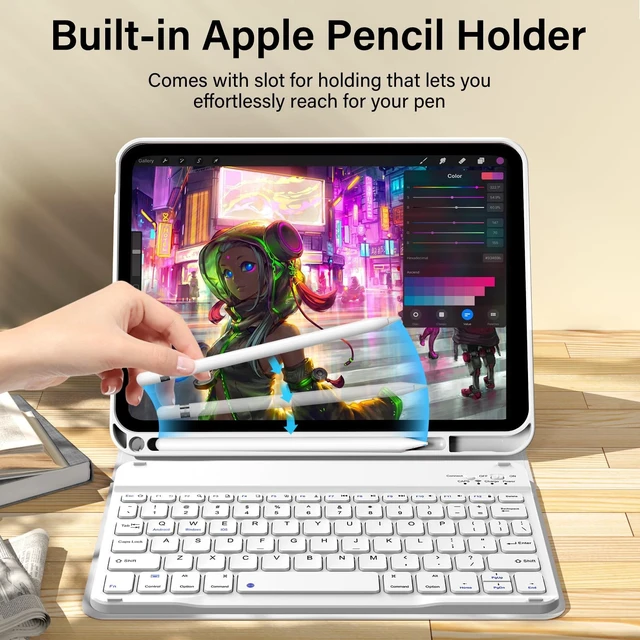 Alt view image 5 of 7 - for iPad 11/10th Gen Case with Keyboard 11/10.9 inch 2025 A16/2022, Detachable Wireless Bluetooth Keyboard Case Thin & Light with Built-in Left Side Pencil Holder, White Square Keycaps (Gray)