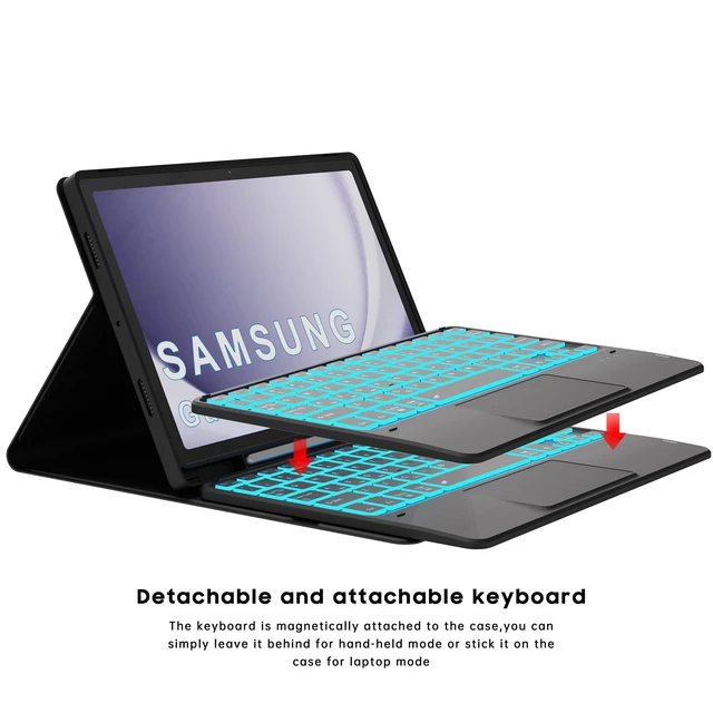 Alt view image 3 of 7 - for Galaxy Tab A9+ / A11+ 11 inch Case with Keyboard - 7 Color Backlit Detachable Tablet Keyboard Cover with Touchpad - Galaxy Tab A9 Plus 11"/ A11 Plus Samsung Keyboard Case with s Pen Holder Black