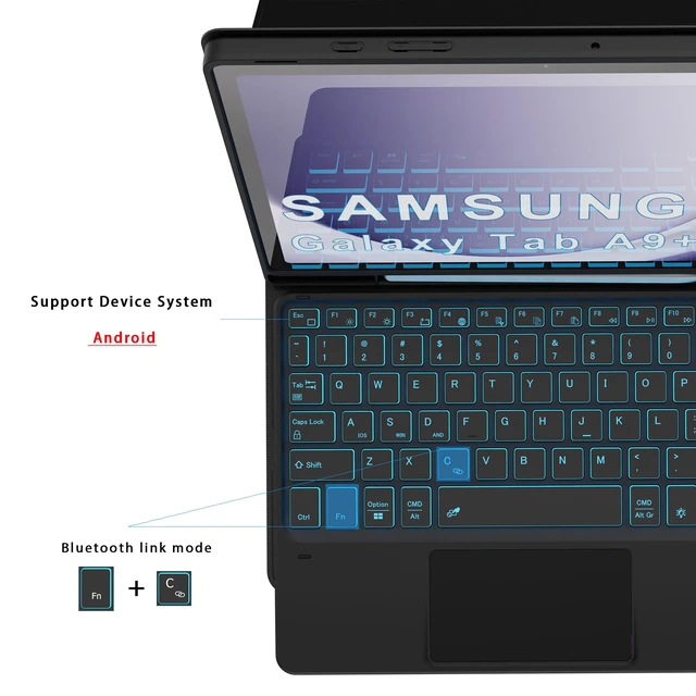 Alt view image 6 of 7 - for Galaxy Tab A9+ / A11+ 11 inch Case with Keyboard - 7 Color Backlit Detachable Tablet Keyboard Cover with Touchpad - Galaxy Tab A9 Plus 11"/ A11 Plus Samsung Keyboard Case with s Pen Holder Black
