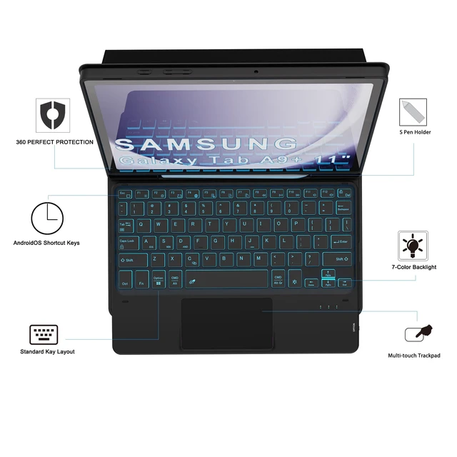 Alt view image 7 of 7 - for Galaxy Tab A9+ / A11+ 11 inch Case with Keyboard - 7 Color Backlit Detachable Tablet Keyboard Cover with Touchpad - Galaxy Tab A9 Plus 11"/ A11 Plus Samsung Keyboard Case with s Pen Holder Black