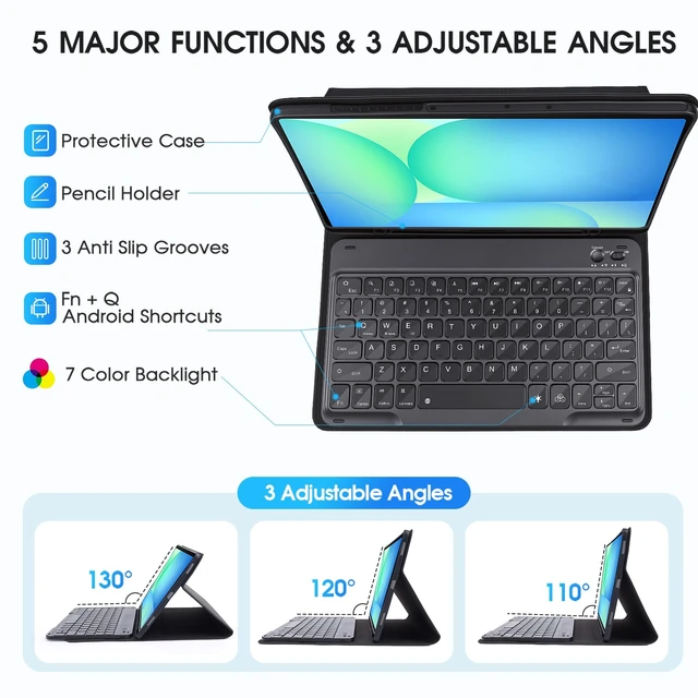 Alt view image 5 of 7 - for Galaxy Tab S10 FE Case with Keyboard & Galaxy Tab S10 Lite 10.9inch,Mouse and 7 Color Rainbow Backlight Magnetic Keyboard,Folio Cover with Pencil Holder for Galaxy S9 FE/S9/S8,Black
