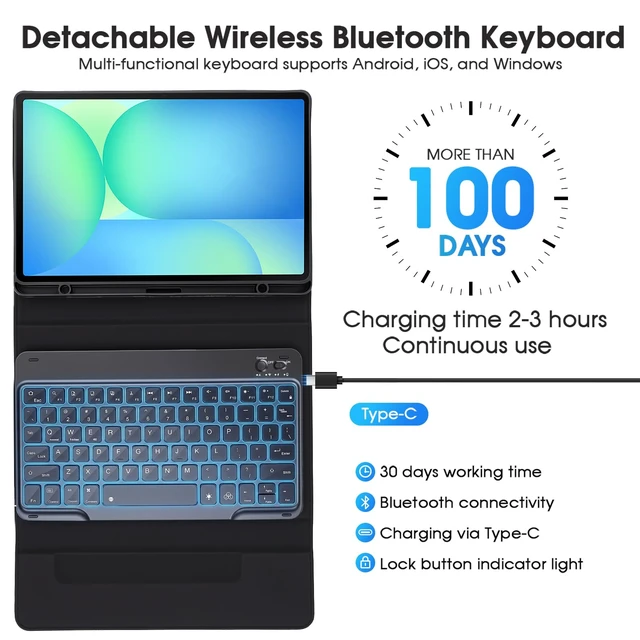 Alt view image 6 of 7 - for Galaxy Tab S10 FE Case with Keyboard & Galaxy Tab S10 Lite 10.9inch,Mouse and 7 Color Rainbow Backlight Magnetic Keyboard,Folio Cover with Pencil Holder for Galaxy S9 FE/S9/S8,Black
