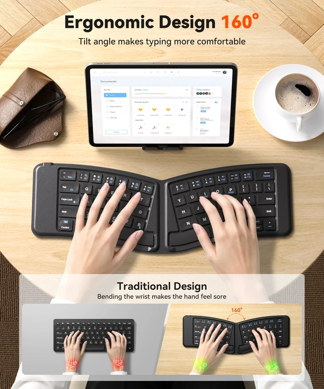 Alt view image 2 of 7 - Ergonomic Wireless Foldable Keyboard for iPad, iPhone, Tablet, Laptop | Concave Keycaps, 3 Device Bluetooth Connect, Split Design, 360° Folding Ultra Slim, USB-C Rechargeable, for Travel Business
