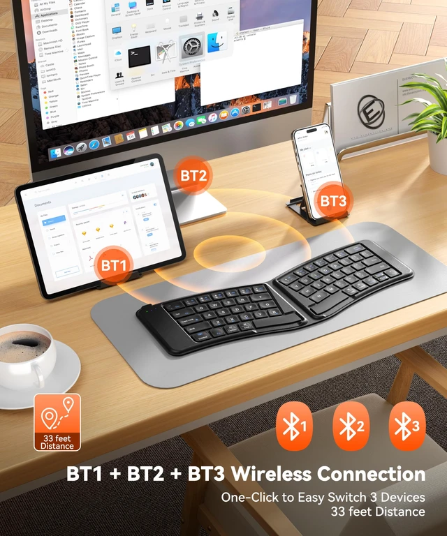 Alt view image 3 of 7 - Ergonomic Wireless Foldable Keyboard for iPad, iPhone, Tablet, Laptop | Concave Keycaps, 3 Device Bluetooth Connect, Split Design, 360° Folding Ultra Slim, USB-C Rechargeable, for Travel Business