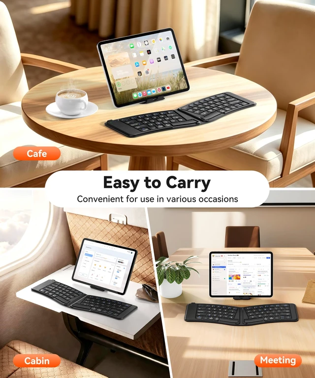 Alt view image 6 of 7 - Ergonomic Wireless Foldable Keyboard for iPad, iPhone, Tablet, Laptop | Concave Keycaps, 3 Device Bluetooth Connect, Split Design, 360° Folding Ultra Slim, USB-C Rechargeable, for Travel Business