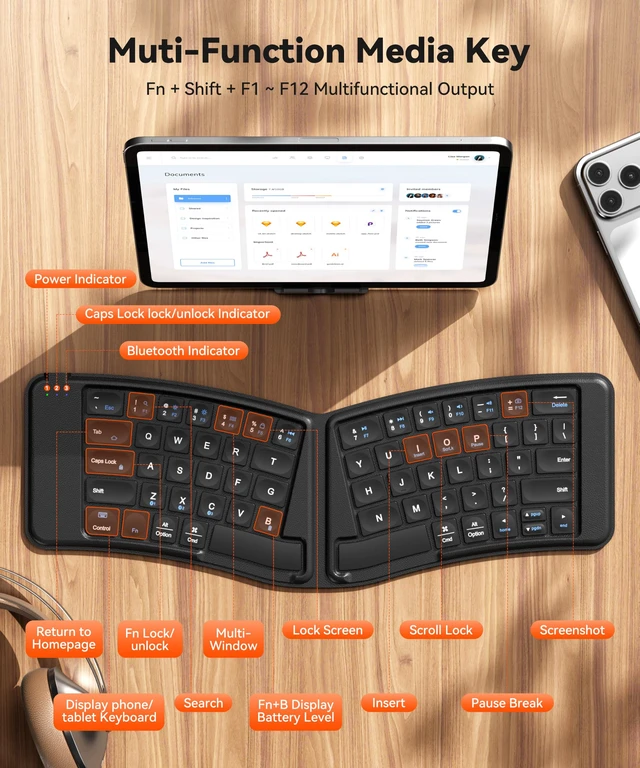Alt view image 5 of 7 - Ergonomic Wireless Foldable Keyboard for iPad, iPhone, Tablet, Laptop | Concave Keycaps, 3 Device Bluetooth Connect, Split Design, 360° Folding Ultra Slim, USB-C Rechargeable, for Travel Business