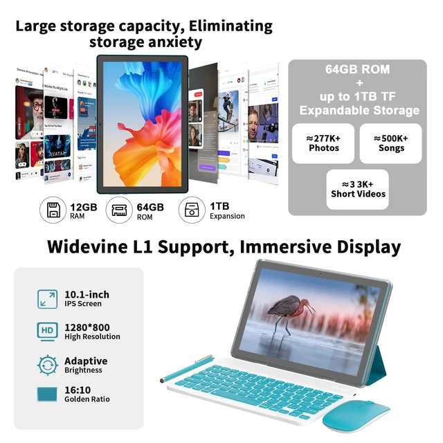 Alt view image 4 of 7 - Android 16 Tablet 10 Inch, 12(3+9) GB RAM+64GB ROM, 2 in 1 Tablets with Keyboard Case Mouse Stylus, 2.0GHz Five-core Processor, 1280 * 800 IPS HD Screen, 5G WiFi6 BT 5.3 Tableta PC