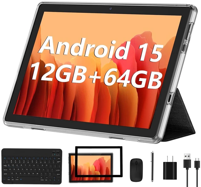 Main image of Android 15 Tablet, 10 Inch Tablets with Keyboard Mouse 12GB RAM + 64GB ROM +1TB Expand, 2 in 1 Tableta with WiFi 6 / Bluetooth/GMS Certified/IPS Touch Screen, Black Set