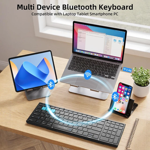 Alt view image 3 of 7 - Foldable Keyboard with Touchpad,Numeric Keypad,3 Devices (2.4G+BTx2) | Portable Folding Keyboard with multi-device connection,Rechargeable Travel for Tablet iPad Phone Laptop Android Windows Mac