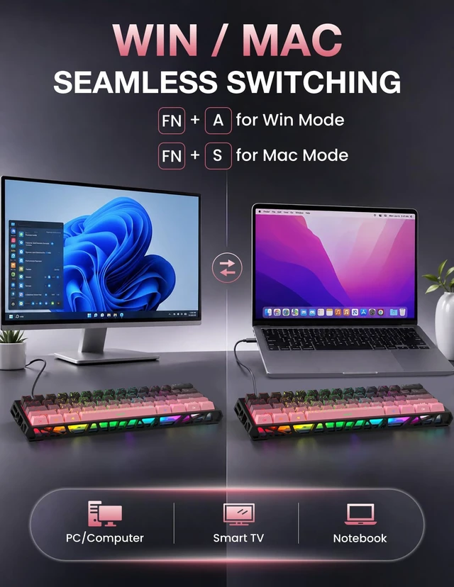 Alt view image 2 of 7 - 60% Mechanical Gaming Keyboard, FullKey HotSwap DIY Custom Keyboard, 16 RGB Backlight Modes, Compact Portable Layout, Detachable USBC Cable for Gaming & Office Use, Black