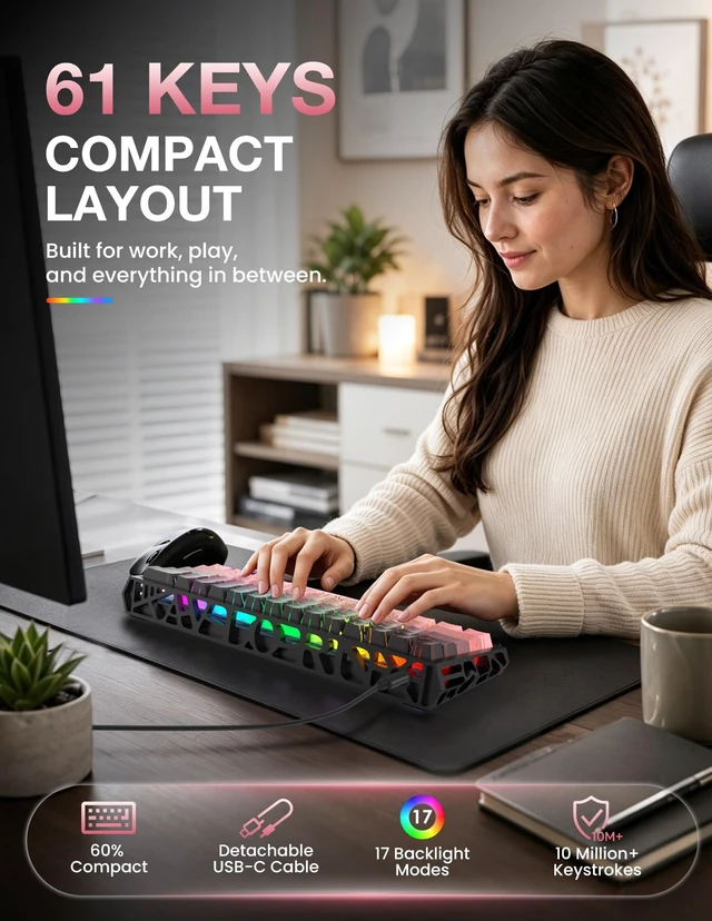 Alt view image 3 of 7 - 60% Mechanical Gaming Keyboard, FullKey HotSwap DIY Custom Keyboard, 16 RGB Backlight Modes, Compact Portable Layout, Detachable USBC Cable for Gaming & Office Use, Black