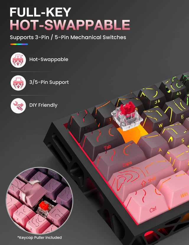 Alt view image 4 of 7 - 60% Mechanical Gaming Keyboard, FullKey HotSwap DIY Custom Keyboard, 16 RGB Backlight Modes, Compact Portable Layout, Detachable USBC Cable for Gaming & Office Use, Black