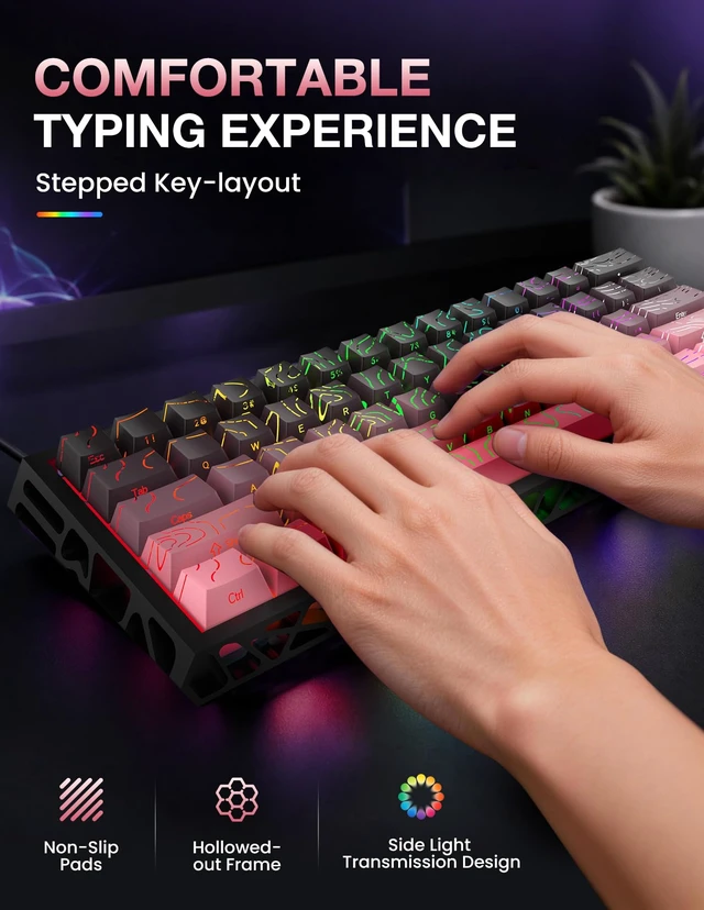 Alt view image 5 of 7 - 60% Mechanical Gaming Keyboard, FullKey HotSwap DIY Custom Keyboard, 16 RGB Backlight Modes, Compact Portable Layout, Detachable USBC Cable for Gaming & Office Use, Black