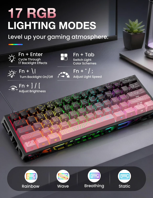 Alt view image 6 of 7 - 60% Mechanical Gaming Keyboard, FullKey HotSwap DIY Custom Keyboard, 16 RGB Backlight Modes, Compact Portable Layout, Detachable USBC Cable for Gaming & Office Use, Black