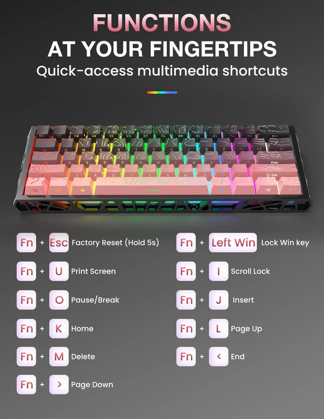 Alt view image 7 of 7 - 60% Mechanical Gaming Keyboard, FullKey HotSwap DIY Custom Keyboard, 16 RGB Backlight Modes, Compact Portable Layout, Detachable USBC Cable for Gaming & Office Use, Black