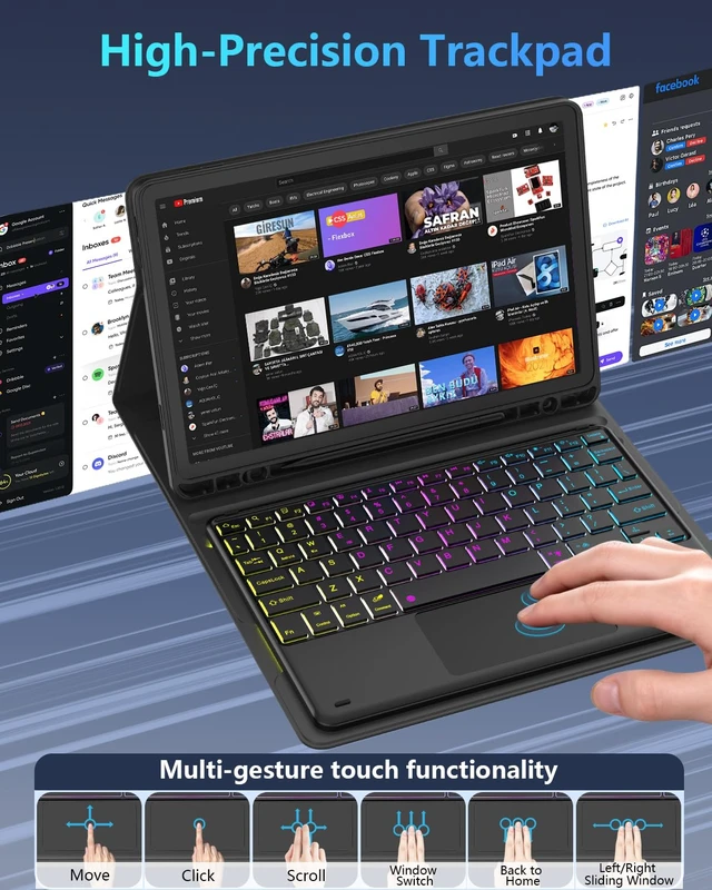 Alt view image 4 of 7 - Case Keyboard for Samsung Tab S10+/S9 FE+/S9+/S8+/S7 FE/S7+ Plus 12.4 inch | Detachable Keyboard with 7 Color Backlit Multi-Touch Trackpad, Mouse, Pencil Holder, Black