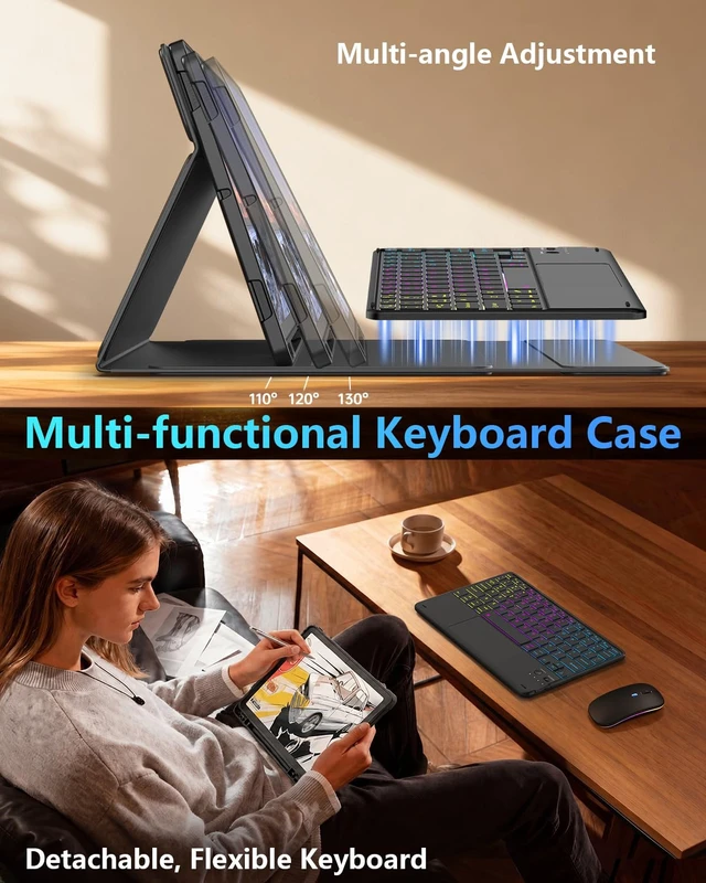 Alt view image 6 of 7 - Case Keyboard for Samsung Tab S10+/S9 FE+/S9+/S8+/S7 FE/S7+ Plus 12.4 inch | Detachable Keyboard with 7 Color Backlit Multi-Touch Trackpad, Mouse, Pencil Holder, Black