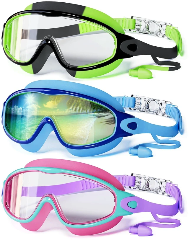 Main image of 3 Pack Swim Goggles Kids Swimming Goggles with Earplugs Anti-Fog/UV Wide View Goggles for Kids 6-14