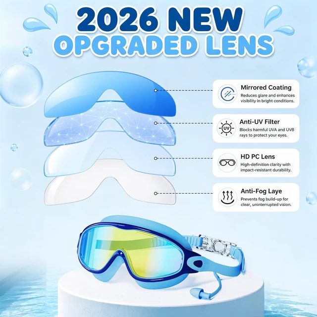 Alt view image 3 of 7 - 3 Pack Swim Goggles Kids Swimming Goggles with Earplugs Anti-Fog/UV Wide View Goggles for Kids 6-14