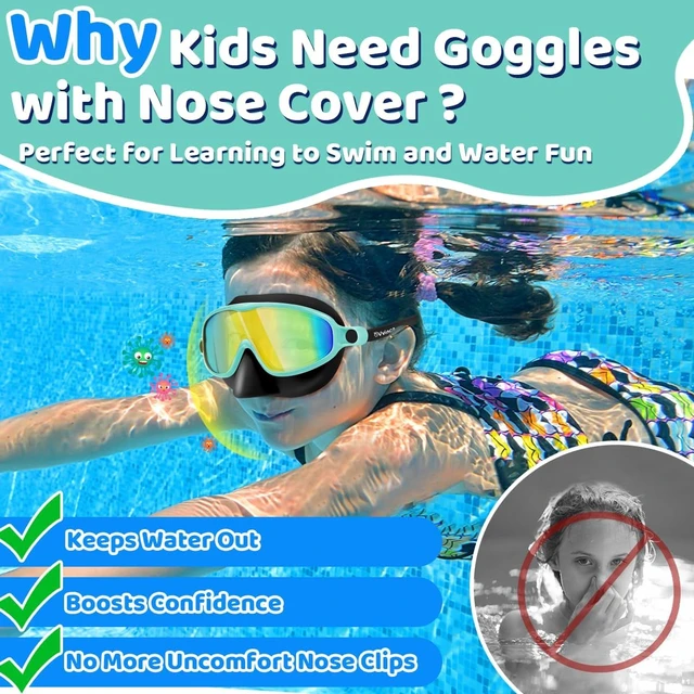 Alt view image 4 of 7 - Swim Goggles with Nose Cover, 2 Pack Wide View Diving Mask Anti-Fog UV No Leak Toddlers Swimming Goggles for Kids 3-12