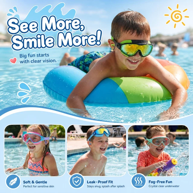 Alt view image 7 of 7 - 3 Pack Swim Goggles Kids Swimming Goggles with Earplugs Anti-Fog/UV Wide View Goggles for Kids 6-14