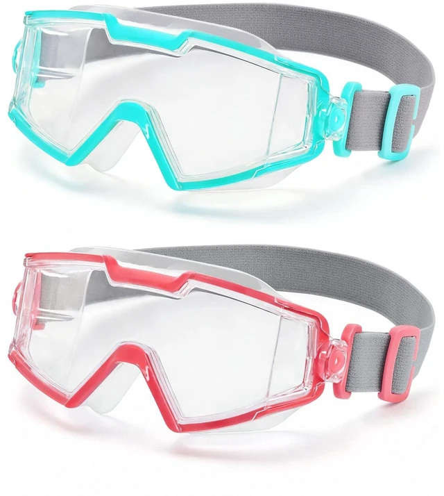 Main image of 2 Pack Swim goggles for Kids 6-14, Wide View Kids Swim Goggles with Fabric Strap for Boys Girls, No leak Anti-Fog Anti-UV, Green & Pink