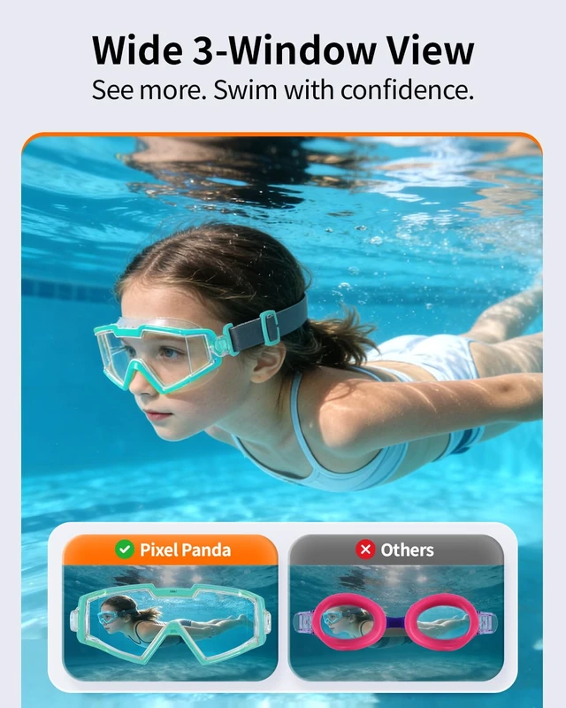 Alt view image 2 of 7 - 2 Pack Swim goggles for Kids 6-14, Wide View Kids Swim Goggles with Fabric Strap for Boys Girls, No leak Anti-Fog Anti-UV, Green & Pink