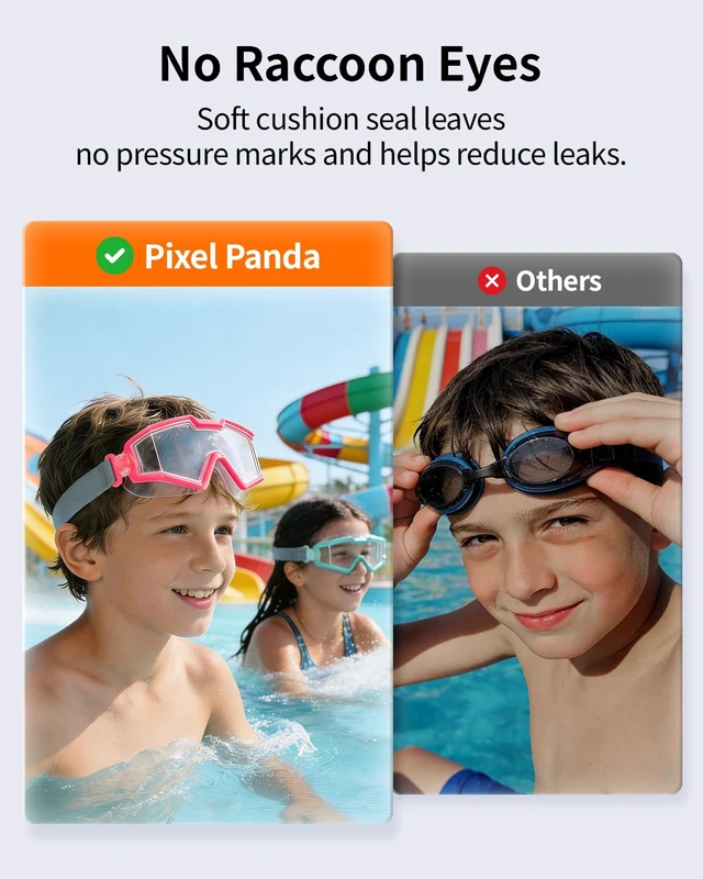 Alt view image 4 of 7 - 2 Pack Swim goggles for Kids 6-14, Wide View Kids Swim Goggles with Fabric Strap for Boys Girls, No leak Anti-Fog Anti-UV, Green & Pink
