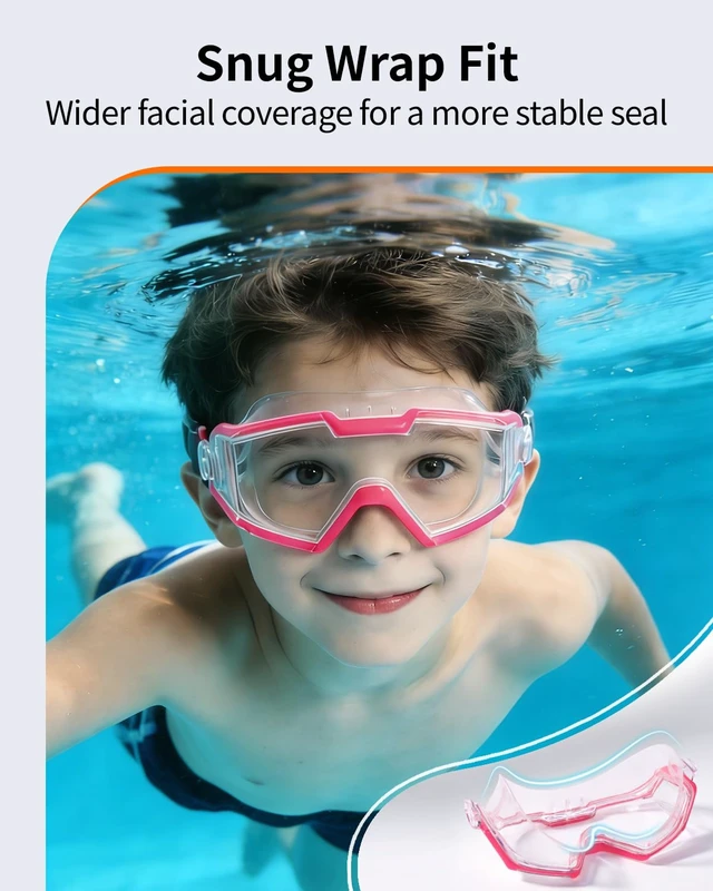 Alt view image 3 of 7 - 2 Pack Swim goggles for Kids 6-14, Wide View Kids Swim Goggles with Fabric Strap for Boys Girls, No leak Anti-Fog Anti-UV, Green & Pink
