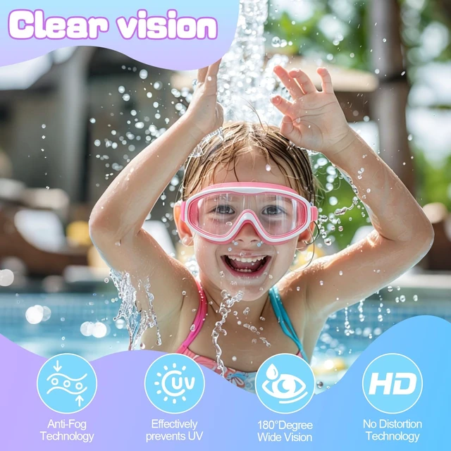 Alt view image 2 of 7 - 2 Pack Kids Swim Goggles for Girls Ages 3-15, Anti-Fog UV Protection Waterproof Swimming Goggles, Leakproof Wide View Pool Goggles with Adjustable Strap, Ear Plugs and Nose Clip, (Pink+ Purple)