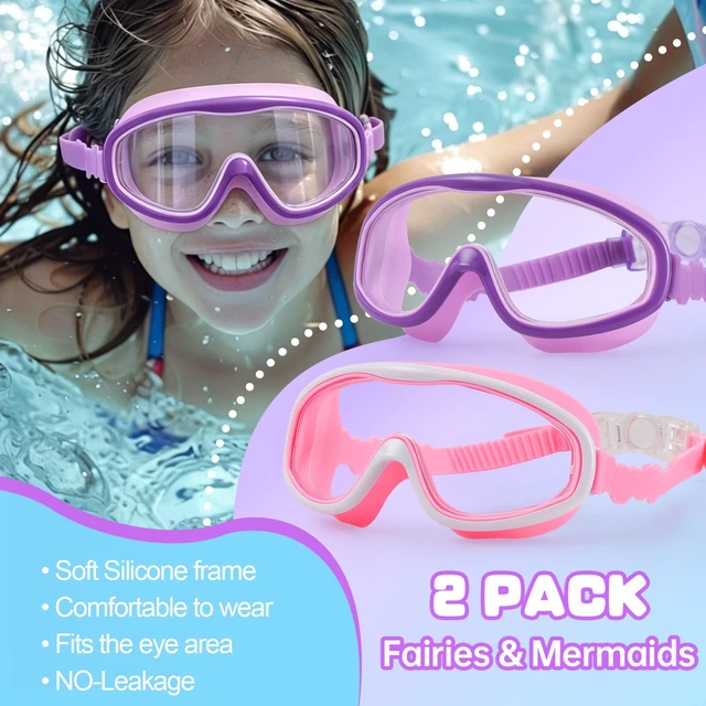 Alt view image 7 of 7 - 2 Pack Kids Swim Goggles for Girls Ages 3-15, Anti-Fog UV Protection Waterproof Swimming Goggles, Leakproof Wide View Pool Goggles with Adjustable Strap, Ear Plugs and Nose Clip, (Pink+ Purple)