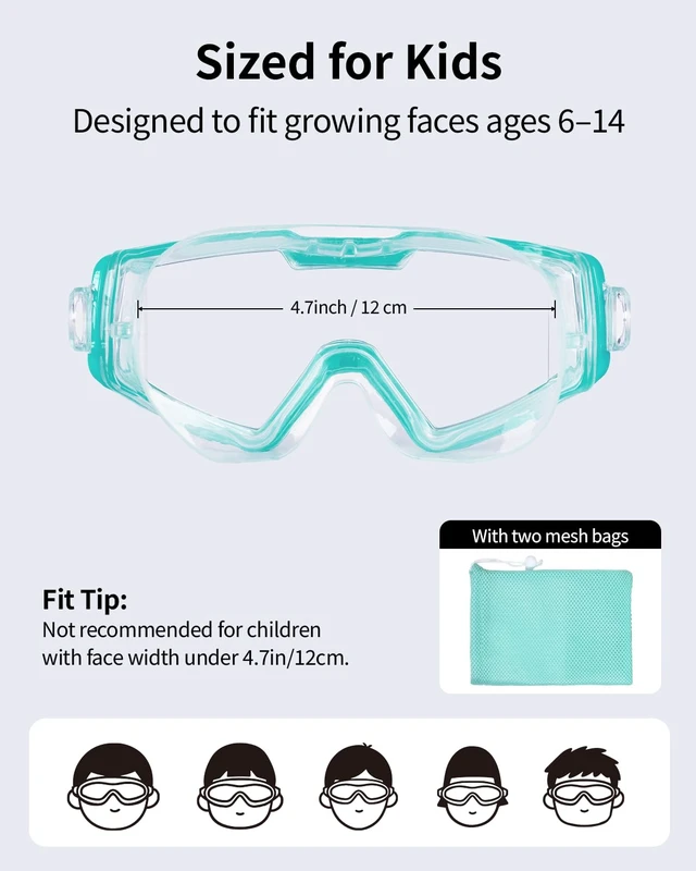 Alt view image 7 of 7 - 2 Pack Swim goggles for Kids 6-14, Wide View Kids Swim Goggles with Fabric Strap for Boys Girls, No leak Anti-Fog Anti-UV, Green & Pink