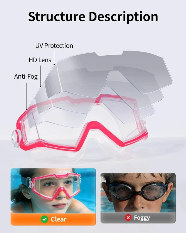 Alt view image 5 of 7 - 2 Pack Swim goggles for Kids 6-14, Wide View Kids Swim Goggles with Fabric Strap for Boys Girls, No leak Anti-Fog Anti-UV, Green & Pink
