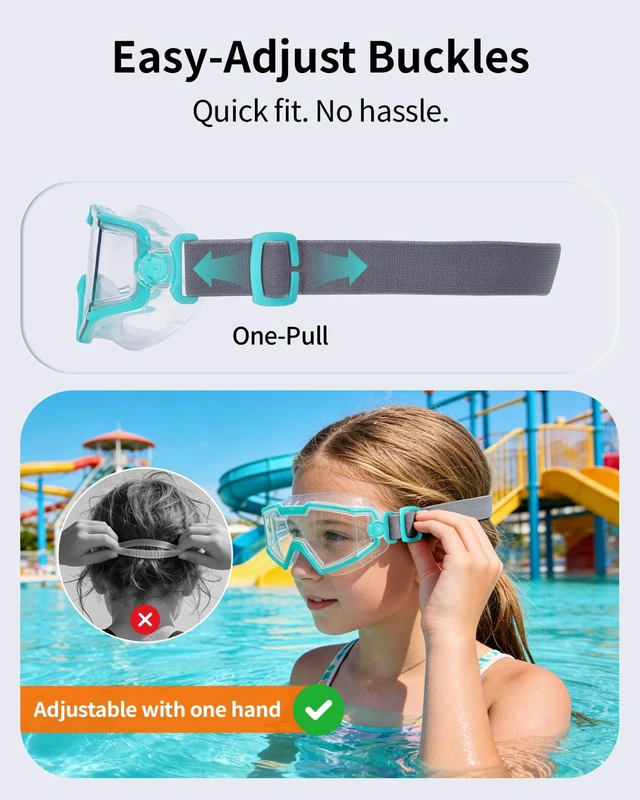 Alt view image 6 of 7 - 2 Pack Swim goggles for Kids 6-14, Wide View Kids Swim Goggles with Fabric Strap for Boys Girls, No leak Anti-Fog Anti-UV, Green & Pink