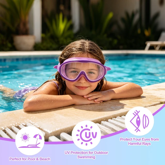 Alt view image 3 of 7 - 2 Pack Kids Swim Goggles for Girls Ages 3-15, Anti-Fog UV Protection Waterproof Swimming Goggles, Leakproof Wide View Pool Goggles with Adjustable Strap, Ear Plugs and Nose Clip, (Pink+ Purple)